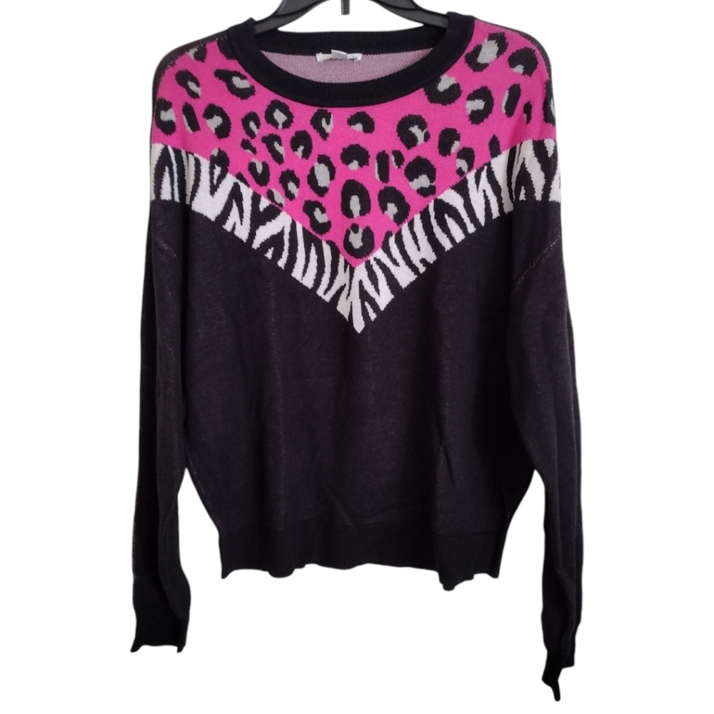 Bar III NWT bright pink black animal print sweater cotton rayon size med…
